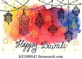 שמח, diwali, לתלות, מנורות, ו, וואטארכולור, התז