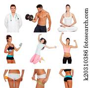 照片, 拼贴艺术, 在中, 健康, 人们, 实践, 健身