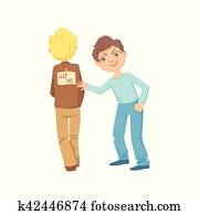 Boy Pinning Joke Poster On Another Kids Back Teenage Bully Demonstrating Mischievous Uncontrollable Delinquent Behavior Cartoon Illustration