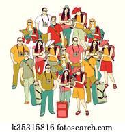 Tourism travel group people color isolate white. Tourism travel group people color isolate white.