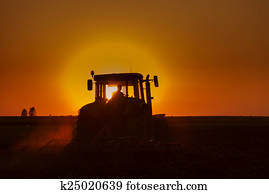Tractor Plowing in dusk on sunset with crows