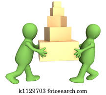 Two 3d puppets carrying five boxes