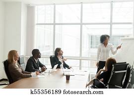 afrikaans-amerikaan, businesswoman, het voorstellen, nieuw, plan, om te, anders