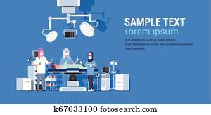 arabe, chirurgiens, équipe, entourer, patient, mensonge, sur, opération, table, pendant, chirurgie, arabe, monde médical, ouvriers, dans, opération, salle, horizontal, espace copy, arrière-plan bleu, longueur pleine