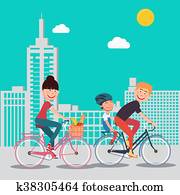 familia feliz, bicicletas de equitación, en, el, city., mujer, en, bicycle., padre e hijo