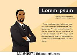 geschäftsmann, karikatur, afrikanischer amerikaner, ethnisch, exec, kaufleuten zürich, hinüber, stadt, wolkenkratzer