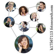 hombres de la corporación mercantil, mujeres, teléfono celular, comunicación, red