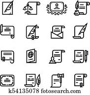 permiso, documentos, certificado, y, pasaporte, licencia, con, cachet, simple, línea, iconos