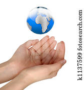 婦女, 手, 藏品, 發光, 藍色的球