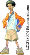 caricatura, adolescente americano africano, niño