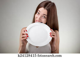 若い女性, 一かじり, 空, プレート。