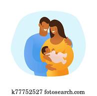 a, איש, מחבק, ו, לוקח, דאג, של, שלו, אישה, ו, child., אמא, מחבק, a, יילוד, baby., שחור, זוג נשוא, עם, ילד, או, daughter., פשוט, וקטור, illustration.