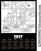 Calendar 2017 template with sushi and flowers. Coloring page