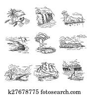 Hand drawn rough draft doodle sketch nature landscape illustration with sun hills sea forest waterfall Hand drawn rough draft doodle sketch nature landscape illustration with sun hills sea forest waterfall