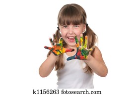 heureux, pré école, gosse, à, peint, mains