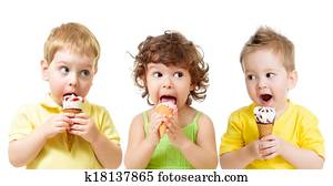 funny kids boys and girl eating ice cream cone isolated on white
