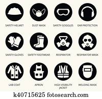 Industry health and safety protection equipment icons Industry health and safety protection equipment icons