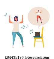 Online fitness concept. Work out via monitor, laptop, tablet. Vector illustration of a woman dancing zumba in her home. Online fitness concept. Work out via monitor, laptop, tablet. Vector illustration of a woman dancing zumba in her home.