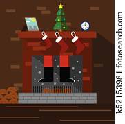 Santa Climbing Through Chimney and Fireplace Santa Climbing Through Chimney and Fireplace