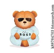 התקרר, דובון, ב, משקפי שמש, שתלטן, הסתכל, כיף, הדפס