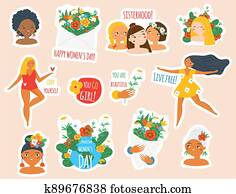 Female stickers collection. Big set of women badges for 8 march celebration, body positive and feminist concept. Inspirational quotes for self care and Girls of different cultures with slogans