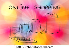 Online Shopping (illustration of bags coming out of a laptop) Online Shopping (illustration of bags coming out of a laptop)