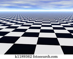 Chess black and white infinite floor and cloudy blue sky