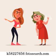 mulher jovem, menina, adolescente, disputa, com, vó, mãe, character., geração, diferença, problemas, conceito, apartamento, caricatura, desenho, gráfico, isolado, ilustração