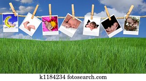 Multiple Infant Images Hanging Outdoors on a Clothesline
