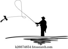 Silhouetted man casting fishing fly Silhouetted man casting fishing fly
