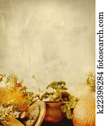 רקע, טקסטורה, עם, pumpkins,, carrots,, seeds,, באטארנאט מועך, ו, דשא, -, עדיין חיים, תרכובת, עם, עונתי, ירקות, של, סתו