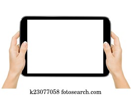 female hands holding a tablet touch computer gadget with isolate