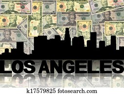 Los Angeles skyline reflected with dollars illustration Los Angeles skyline reflected with dollars illustration