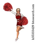 cheerleader, com, pompoms, branco