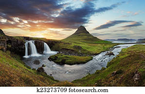 islândia, paisagem, com, vulcão, e, cachoeira