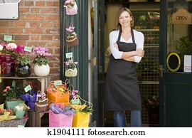 kvinde, arbejde hos, blomst shop, smil