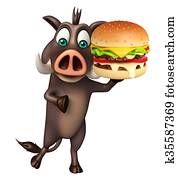 cute Boar cartoon character with burger cute Boar cartoon character with burger