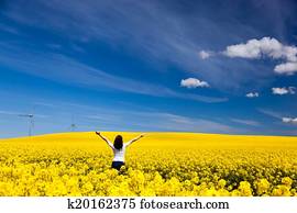 Happy young woman on spring field. Success, harmony, health, ecology
