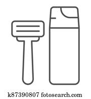 Shaving foam and razor thin line icon, Hygiene routine concept, Men skincare products sign on white background, Shaving foam bottle and shave razor icon in outline style. Vector graphics. Shaving foam and razor thin line icon, Hygiene routine concept, Men skincare products sign on white background, Shaving foam bottle and shave razor icon in outline style. Vector graphics.