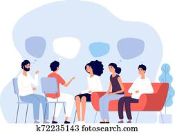 Addiction treatment concept. Group therapy, people counseling with psychologist, persons in psychotherapist sessions. Vector image Addiction treatment concept. Group therapy, people counseling with psychologist, persons in psychotherapist sessions. Vector image