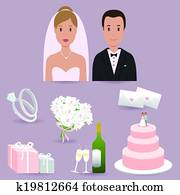 Bride, groom and wedding themed illustrations. Vector illustration set Bride, groom and wedding themed illustrations. Vector illustration set