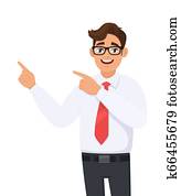 Businessman showing and pointing hand to copy space side away, concept of advertisement product, introduce something. Man shows presenting gesture or sign. Cartoon illustration in white background. Businessman showing and pointing hand to copy space side away, concept of advertisement product, introduce something. Man shows presenting gesture or sign. Cartoon illustration in white background.