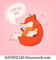 fox,, cute,, נחמד, דוגמה, ו, greetin, card,, יום האם
