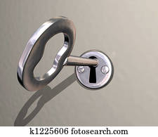 Illustration of shiny silver key being turned in lock