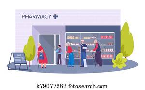 Modern pharmacy building exterior. People order and buy medicaments Modern pharmacy building exterior. People order and buy medicaments