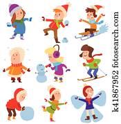 natal, crianças, tocando, inverno, jogos