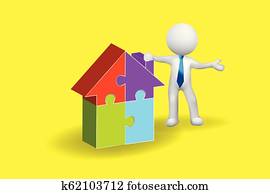 3D small people man with a puzzle house logo vector 3D small people man with a puzzle house logo vector