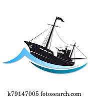 Fishing boat on the blue wave sailing Fishing boat on the blue wave sailing