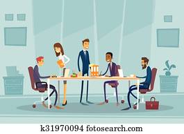 geschäftsmenschen, versammlung, besprechen, bürotisch