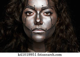 headshot, de, mulheres, com, pintado, rosto